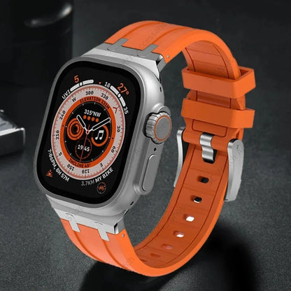 Titanium Color Metal Head Silicone Band for Apple Watch Ultra 2 – 49mm, 45/44/42mm Rubber Strap for iWatch Series 9, 8, 7, 6, 5, 4, SE, 3