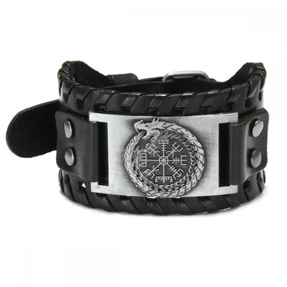 Totem Design Wide Leather Pirate Compass Bracelet - Men's Celtic Viking Jewelry, Party Gift Accessories