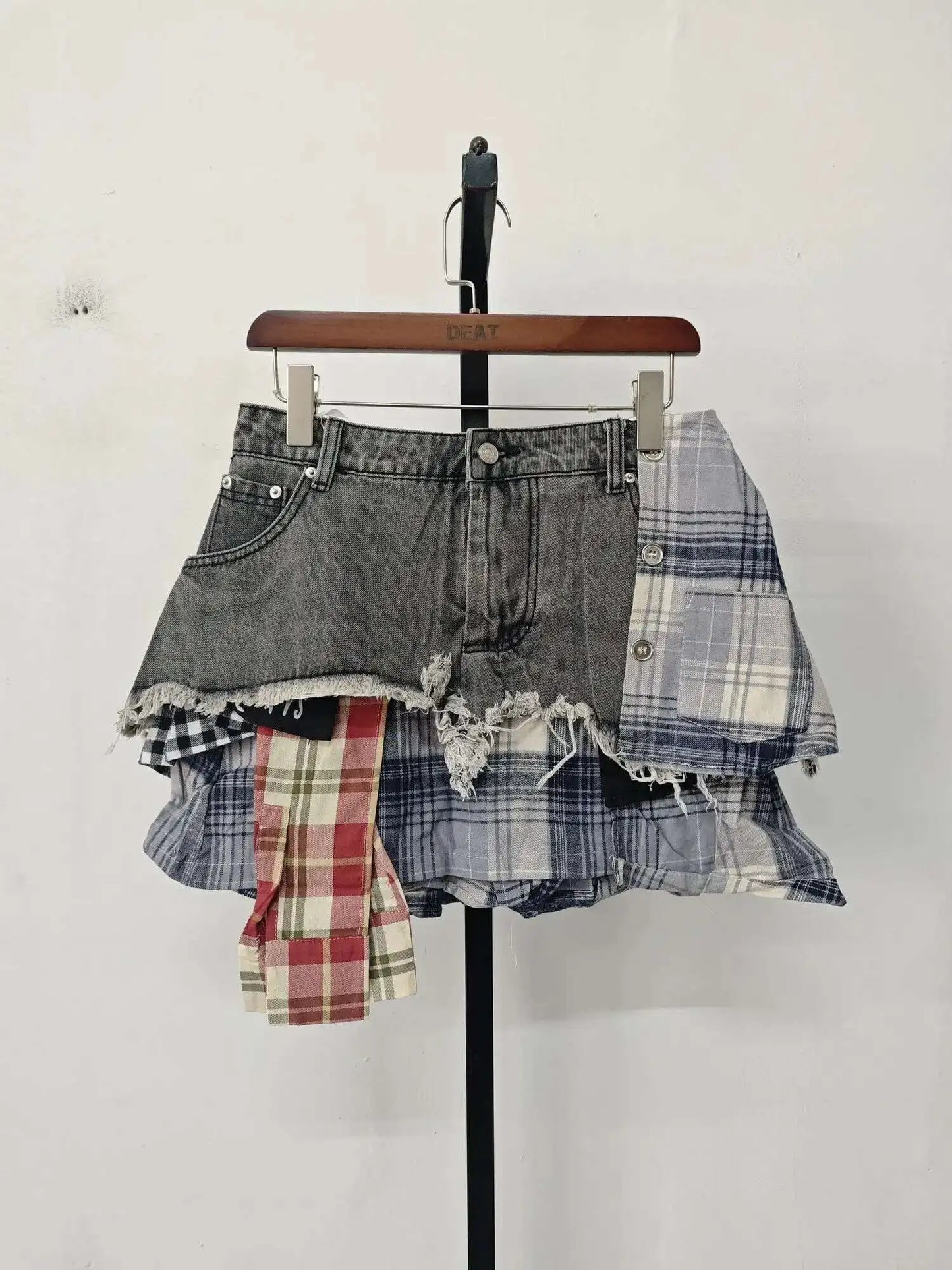 DEAT Women’s Denim Mini Skirt — Colored Plaid Patchwork Irregular A-Line, High Waist Summer 2025 Fashion Skirt