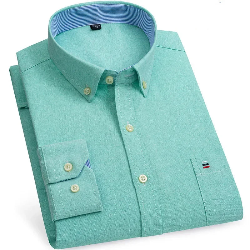 Men’s Cotton Oxford Shirt - Smart Casual Long Sleeve Plaid Print Dress Shirt, Regular Fit up to 6XL