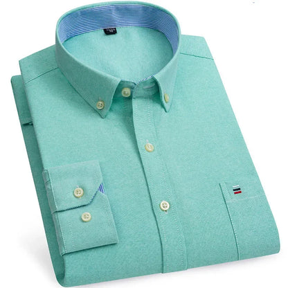Men’s Cotton Oxford Shirt - Smart Casual Long Sleeve Plaid Print Dress Shirt, Regular Fit up to 6XL