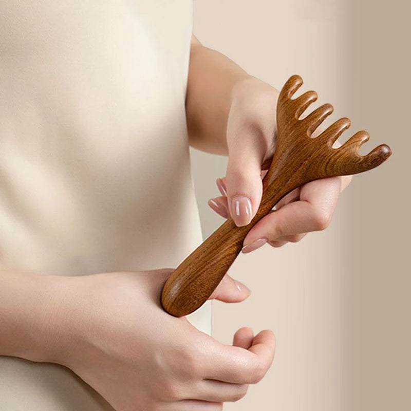 Head Meridian Massage Comb – Anti-Static Natural Wooden Wide Tooth, Six-Claw Gua Sha Tool for Spa & Blood Circulation
