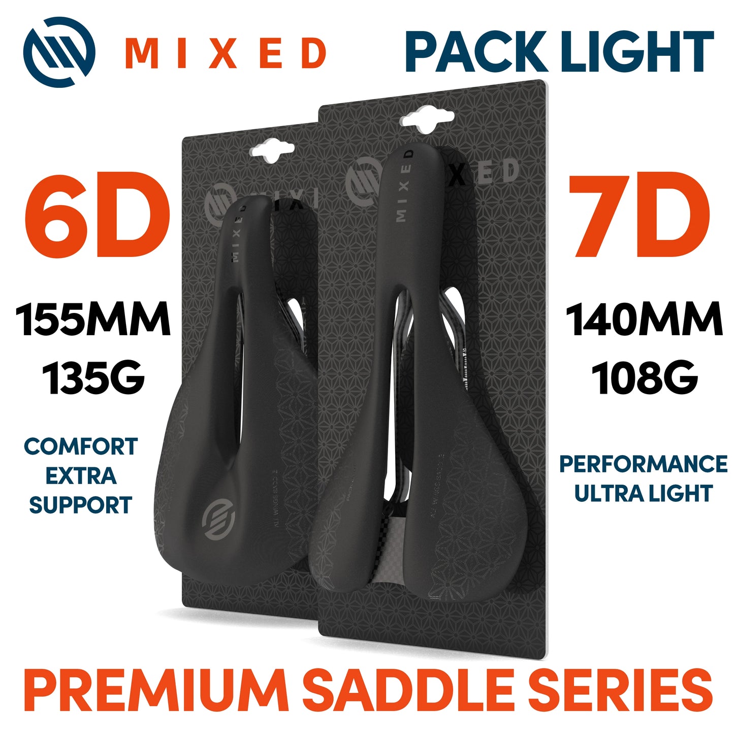 MIXED Full Carbon Fiber Saddle - Ultra Lightweight 5D/6D/7D Cushion for MTB and Road Bikes, 143mm and 155mm
