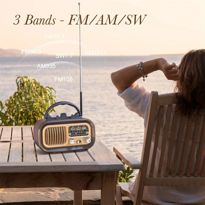Solar-Powered AM/FM Radio with Bluetooth - Portable Vintage Stereo Speaker, USB Rechargeable with Large Tuning Knob