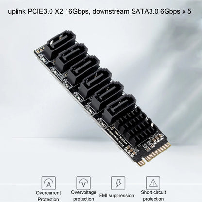 M.2 to SATA 3.0 Adapter Card — 6Gbps High-Speed ASM1166 PCIe to SATA Expansion Card with Smart Indicator