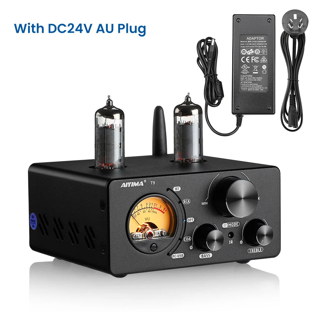 AIYIMA Audio T9 HiFi Bluetooth 5.0 Vacuum Tube Amplifier – USB DAC, COAX, OPT, VU Meter Stereo Amplifier for Speakers