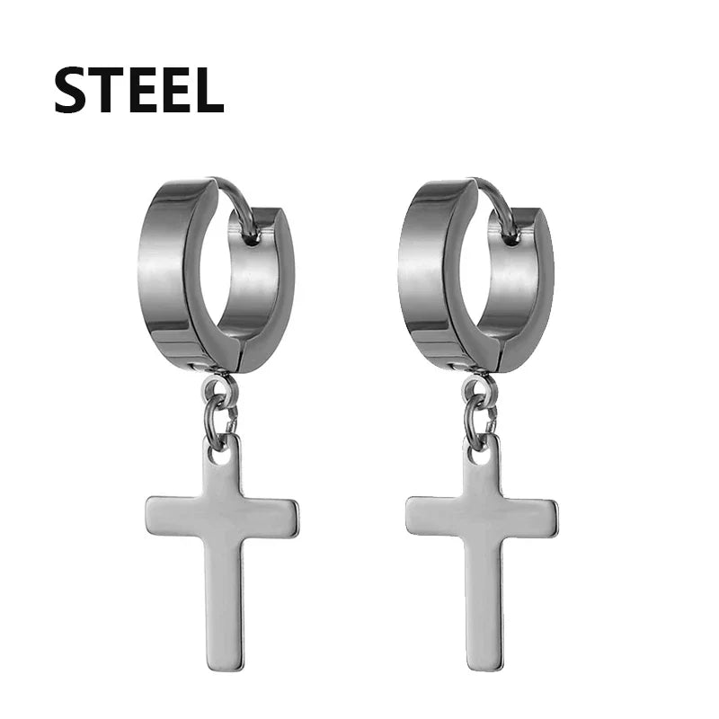 Stainless Steel Cross Star Dangle Earrings - Punk Gothic Hoop Huggie Jewelry for Men & Women