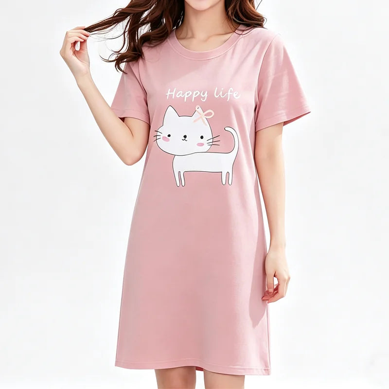 Women’s Cute Cat Nightgown - Plus Size Summer Cartoon Nightdress & Comfortable Sleepwear