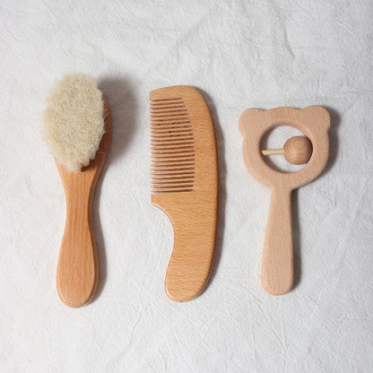 Baby Hair Care Gift Set - Natural Wool Brush, Wooden Comb, Bib and Pacifier Clip for Newborns