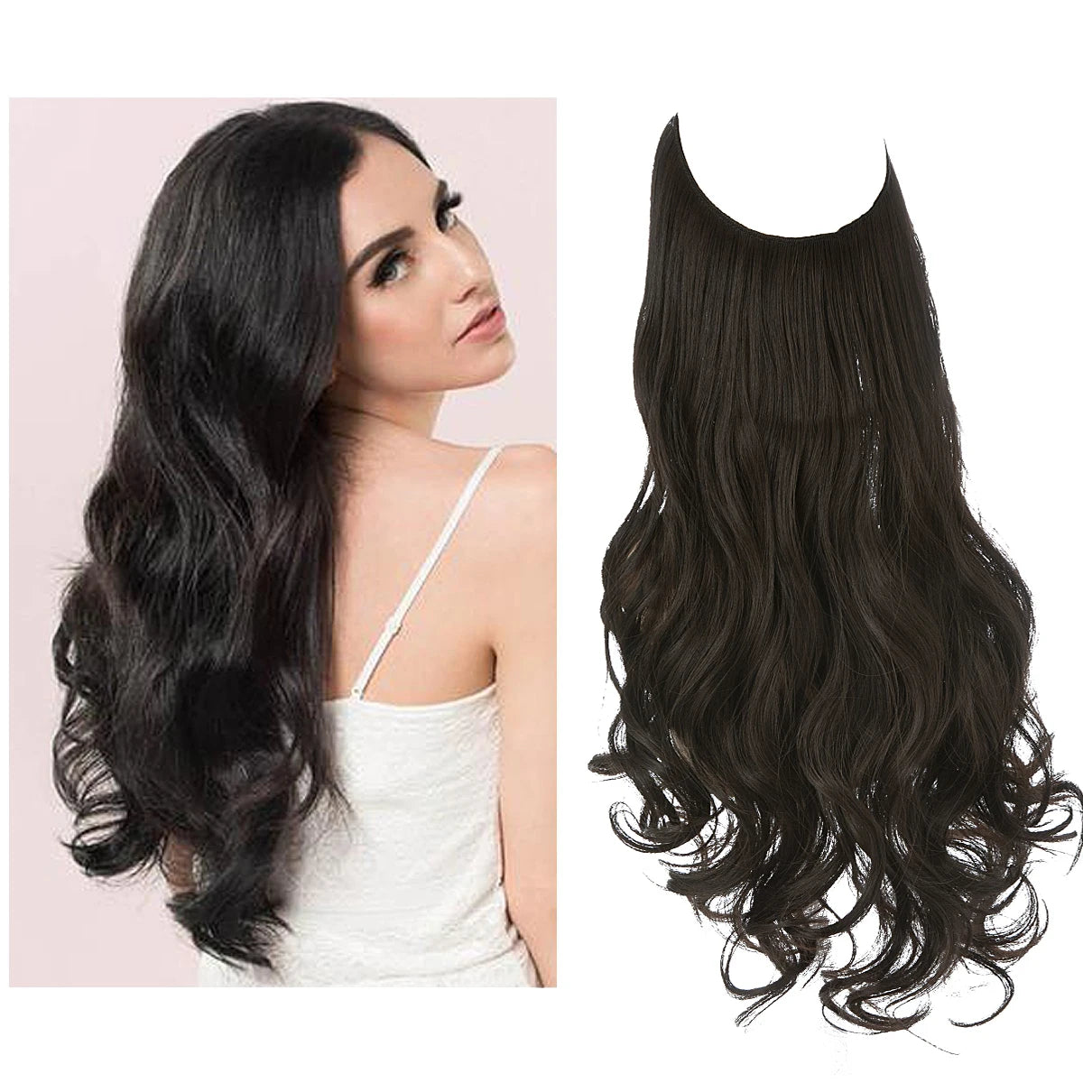 Synthetic Ombre Hair Extension - One Piece Invisible Wire Long Wavy Clipless False Hairpiece Black Blonde Pink