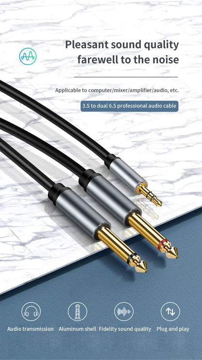 3.5mm to Dual 6.5mm TRS Audio Cable – AUX Adapter for Mixer, Amplifier & Speaker (6.35mm Jack)