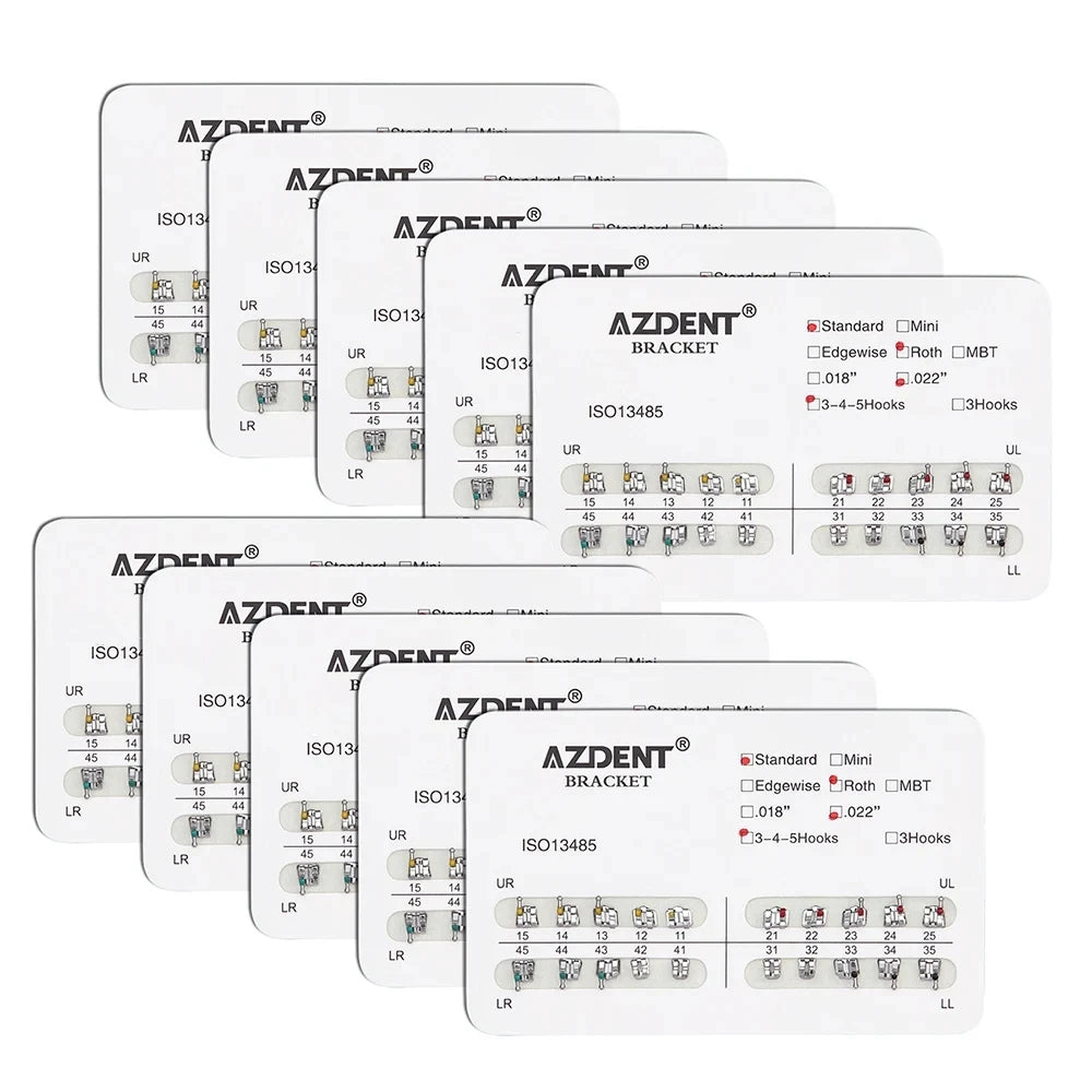AZDENT 10 Packs Dental Brackets – Orthodontic Metal Mini Standard Roth MBT Slot 0.022/0.018 with Hooks, 20 Pcs per Pack