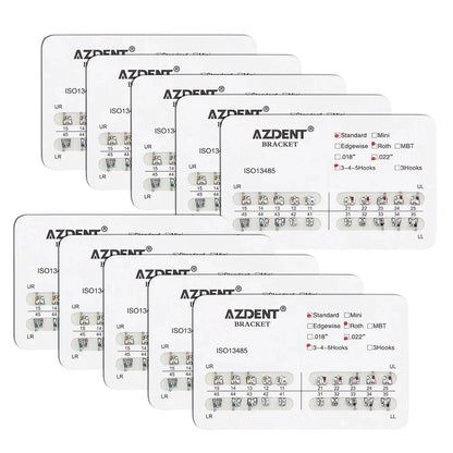 AZDENT 10 Packs Dental Brackets – Orthodontic Metal Mini Standard Roth MBT Slot 0.022/0.018 with Hooks, 20 Pcs per Pack