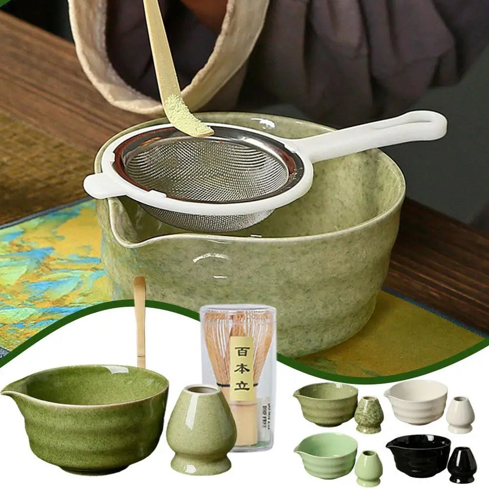 4pcs Japanese Ceramic Matcha Tea Set – High-End Gift Box with Whisk, Bowl, Grinder & Brush