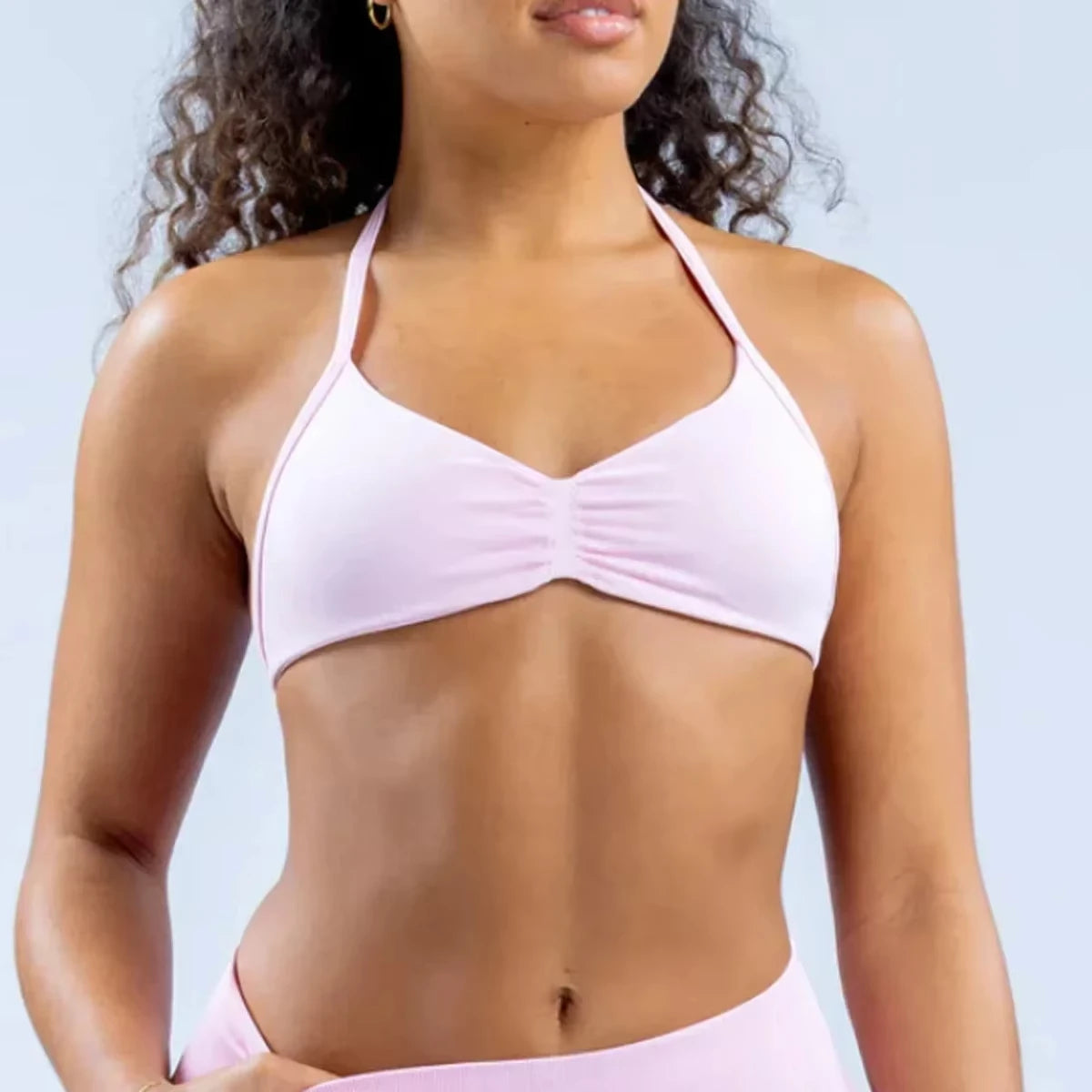 Impact Strappy Bra with Logo – Seamless Halterneck Yoga Top, Padded Gym Crop & Light Support Sports Bra