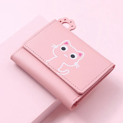 Women’s Cute Cat PU Leather Wallet — Small Short Card Holder Purse with Hasp, Fashion Money Bag for Girls & Gifts