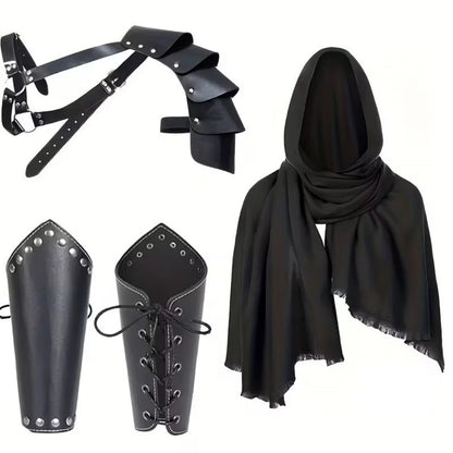 Men’s Medieval Knight Costume Accessories – Hooded Cloak, Scarf, Belt & Wrist Guard for Halloween Cosplay