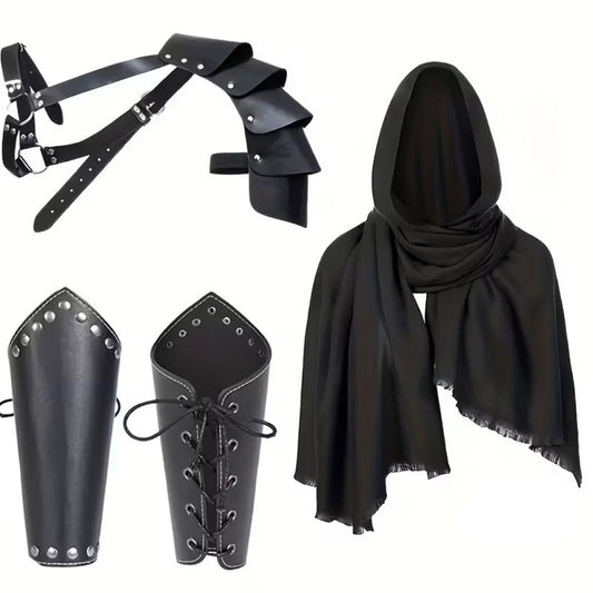 Men’s Medieval Knight Costume Accessories – Hooded Cloak, Scarf, Belt & Wrist Guard for Halloween Cosplay