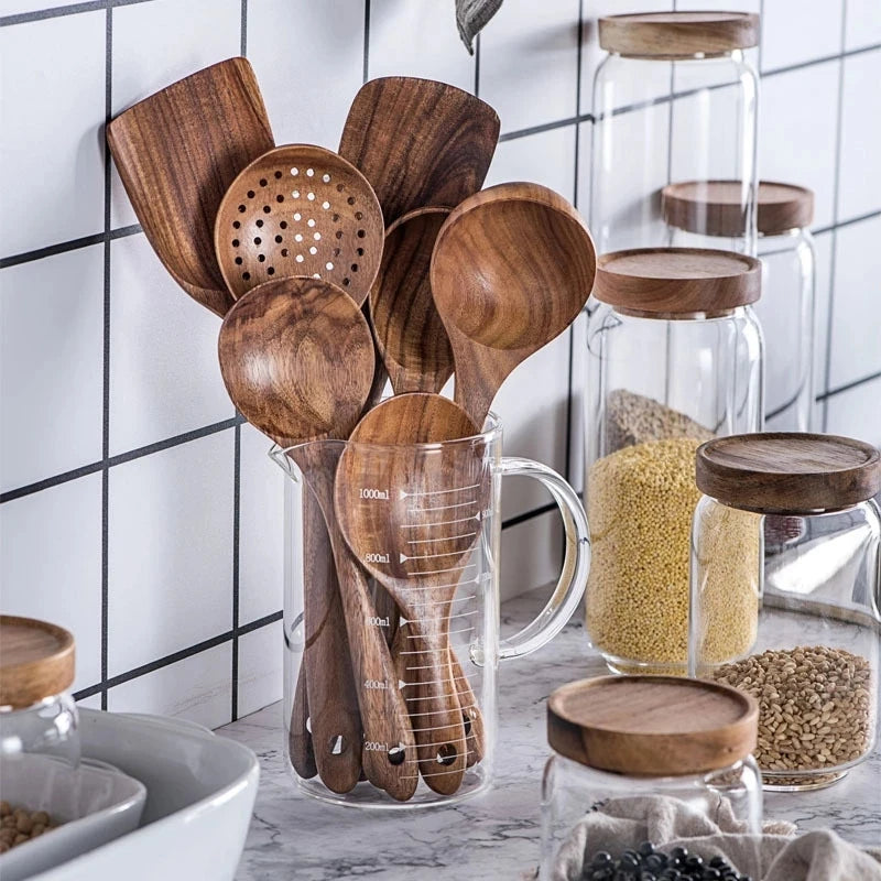 1–10PCS Teak Wooden Cooking Spoons – Smooth Non-Stick Wooden Utensils Set for Kitchen Cooking