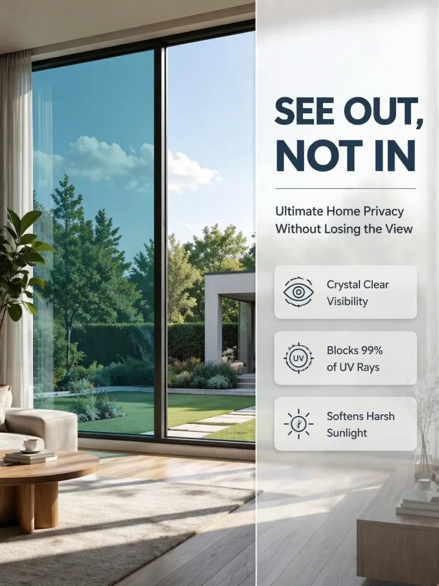 30-90cm Privacy Window Film - Extra Wide One-Way Heat Control Sun Blocking Static Cling Film for Home, Office & Balcony Glass