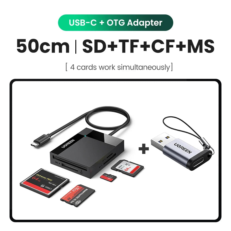 UGREEN 4-in-1 USB 3.0/USB-C Card Reader – SD, Micro SD, TF, CF, MS OTG Adapter for Laptop & PC