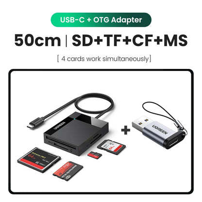 UGREEN 4-in-1 USB 3.0/USB-C Card Reader – SD, Micro SD, TF, CF, MS OTG Adapter for Laptop & PC