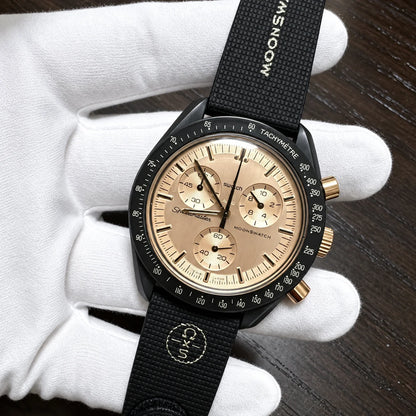 1969 Lunar Landing MoonSwatch Style Quartz Watch - Black Case Gold Dial Limited Edition Design