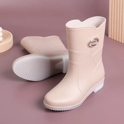 Women’s Fashion Mid-Tube Rain Boots – Wear-Resistant, Waterproof Rubber Shoes with Thick Sole, Non-Slip & Cotton Lining