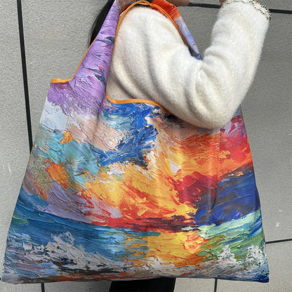 Flower Oil Painting Foldable Shopping Tote Bag – Large Capacity Reusable Portable Shoulder Handbag for Travel, Beach & Grocery Storage