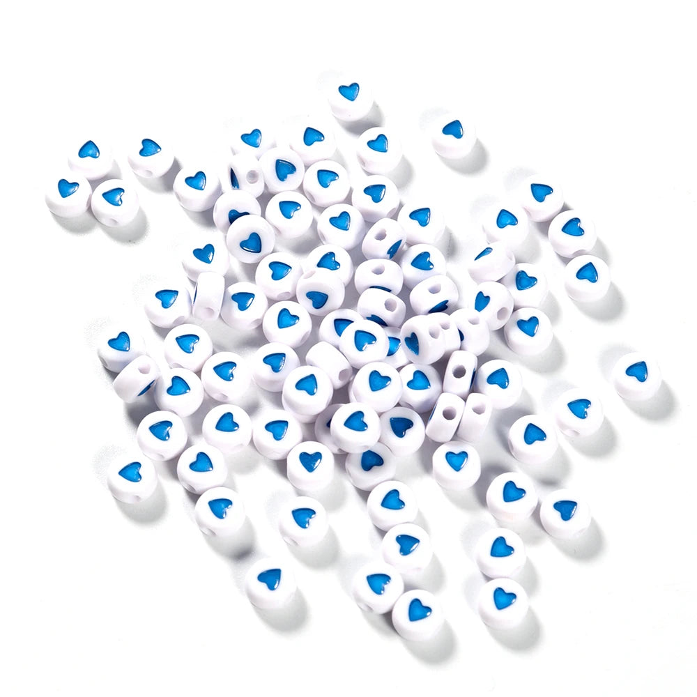 100Pcs 7mm Acrylic Flat Round Beads – Colorful Heart Pattern Spacer Beads for DIY Bracelet & Earring Jewelry Making Supplies