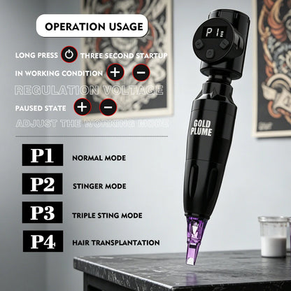 GOLDPLUME Wireless Tattoo Machine Kit - Black Rotary Pen with 10 Cartridges and Full Accessories for Artists