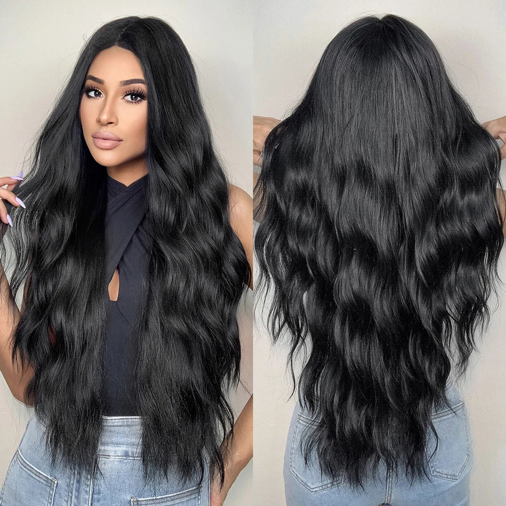 ALAN EATON Black Long Wavy Synthetic Wig – Natural Afro Hair, Middle Part, Heat-Resistant Fiber for Daily Use