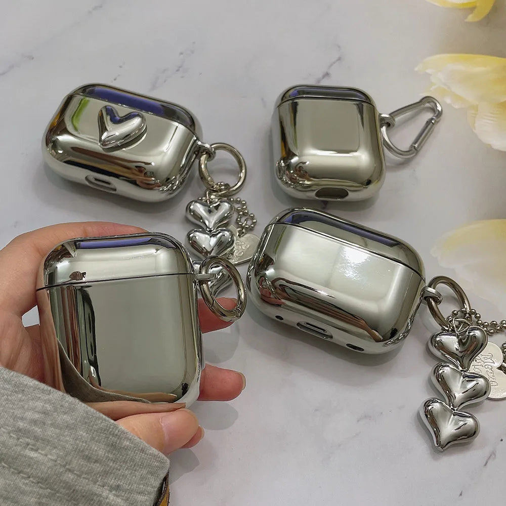 Electroplated Silver AirPods Case - Soft TPU Mirror Finish Cover with Heart Keychain for AirPods 1/2/3/4/5 & Pro 2