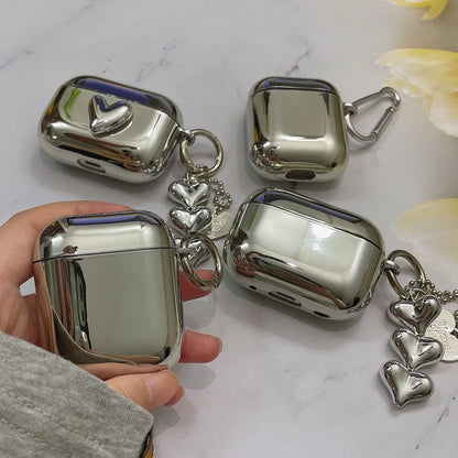 Electroplated Silver AirPods Case - Soft TPU Mirror Finish Cover with Heart Keychain for AirPods 1/2/3/4/5 & Pro 2
