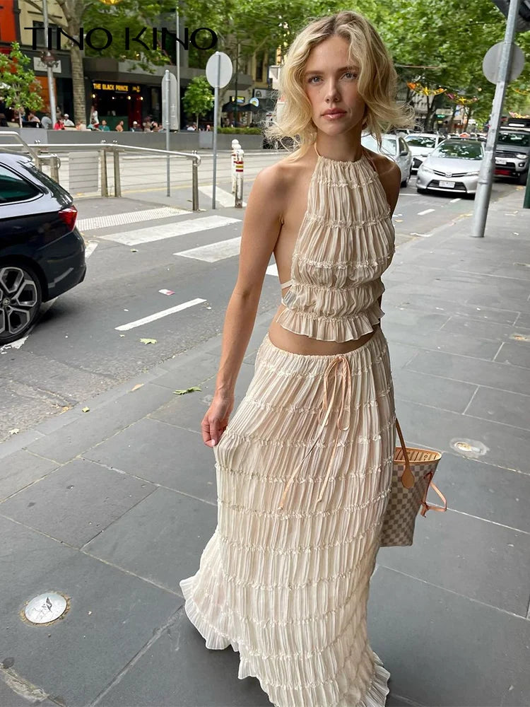 Women's Fashion Solid Hang Neck Long Skirt Suit: Backless Sling Top with Lace-Up Fold Maxi Skirt - Spring Summer 2 Piece Set