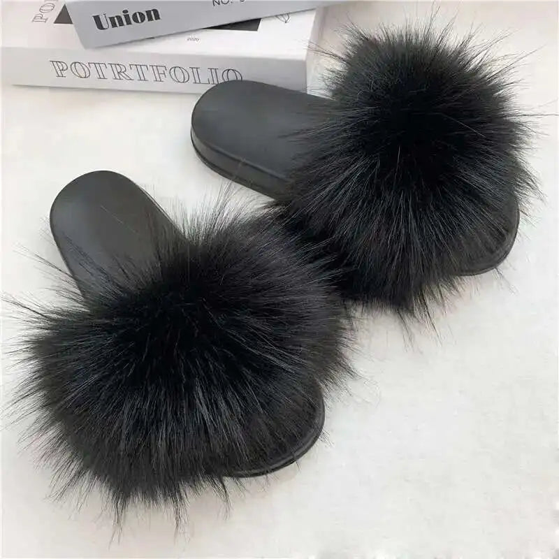 Summer Faux Fur Slippers for Women – Indoor Plush Furry Slides, Fluffy Flip Flops & Casual House Shoes