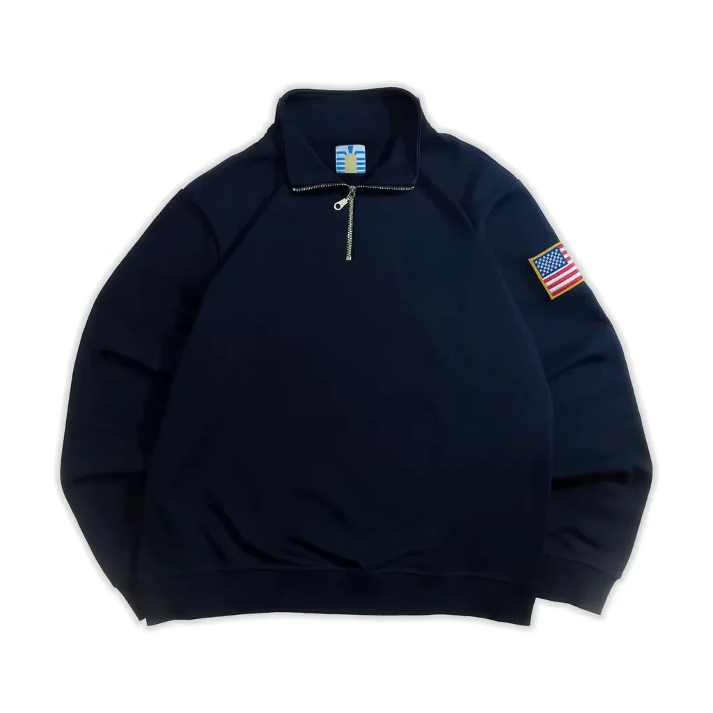 Men’s Y2K American Flag Embroidered Hoodie – Quarter Zip Streetwear Sweatshirt Navy Blue White Patch Sleeve Casual Pullover Sweater