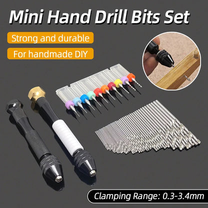 Mini Aluminum Hand Drill 0.3–3.4mm – Keyless Chuck Micro Rotary Tool with HSS Twist Drill Bit Set for Wood & DIY Crafts