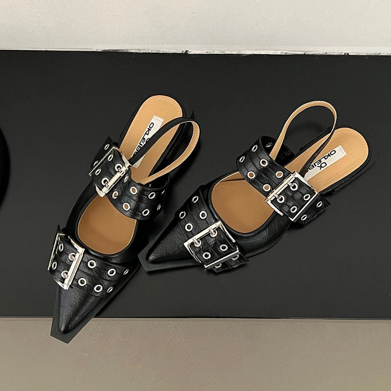 2025 Women’s Designer Flats – Luxury Buckle Slingback Sandals with Pointed Toe, Casual Mules for Ladies