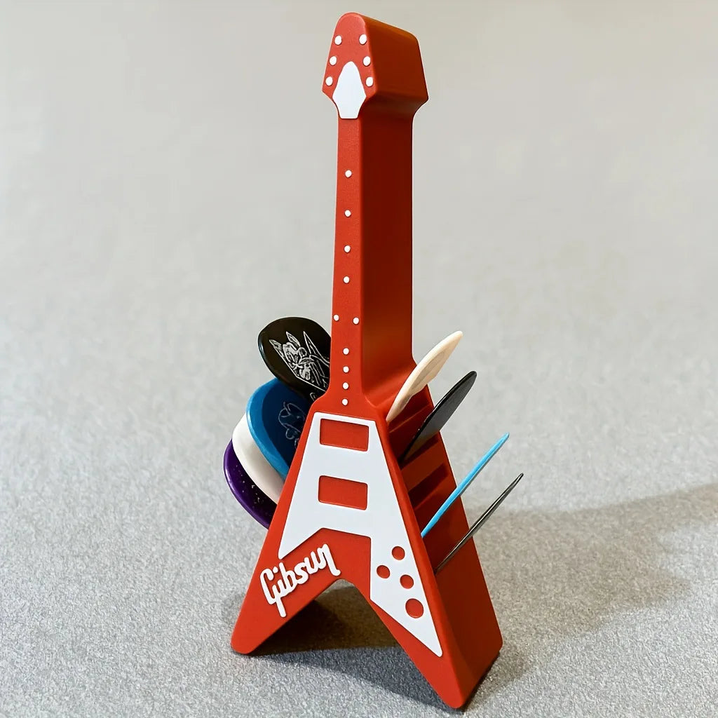 3D Printed Guitar Pick Holder – Guitar-Shaped Plectrum Storage Box with Stand & Accessories Organizer