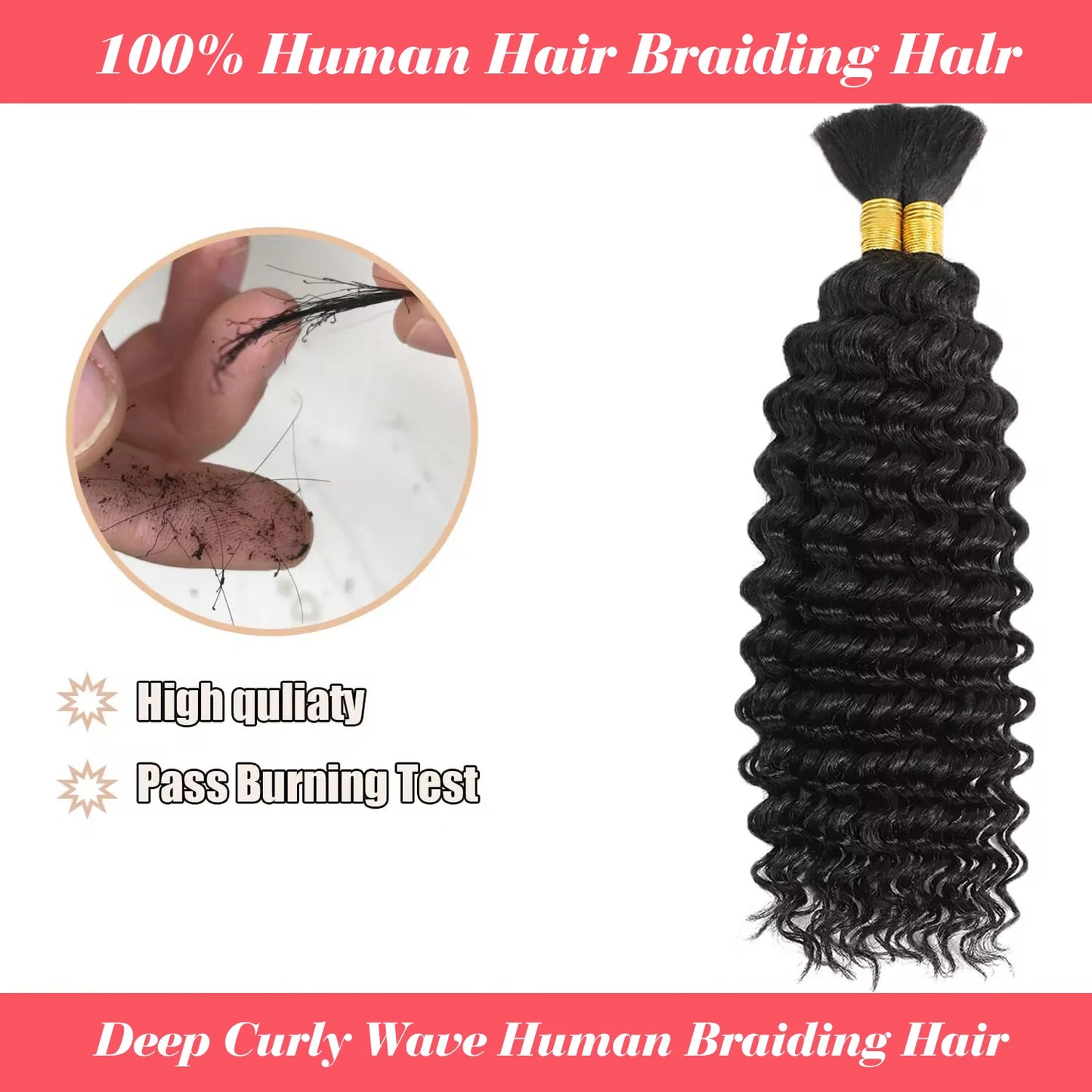 Human Braiding Hair Deep Wave Bulk - 100g No Weft Hair Bundles for Boho Braids, Micro Human Hair