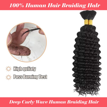 Human Braiding Hair Deep Wave Bulk - 100g No Weft Hair Bundles for Boho Braids, Micro Human Hair