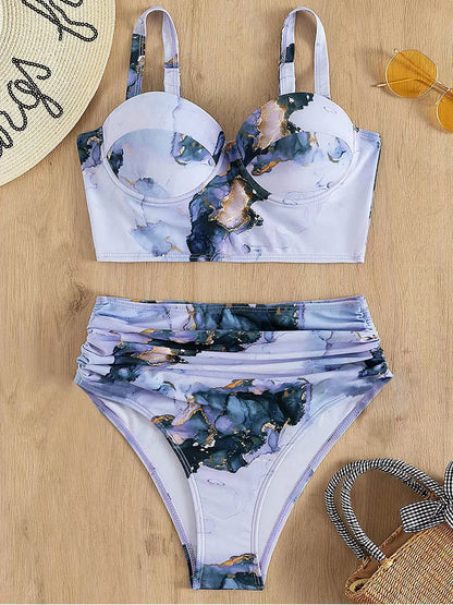 Women’s Butterfly Print Push Up Bikini Set - High Waist Padded Swimsuit for Summer Beachwear