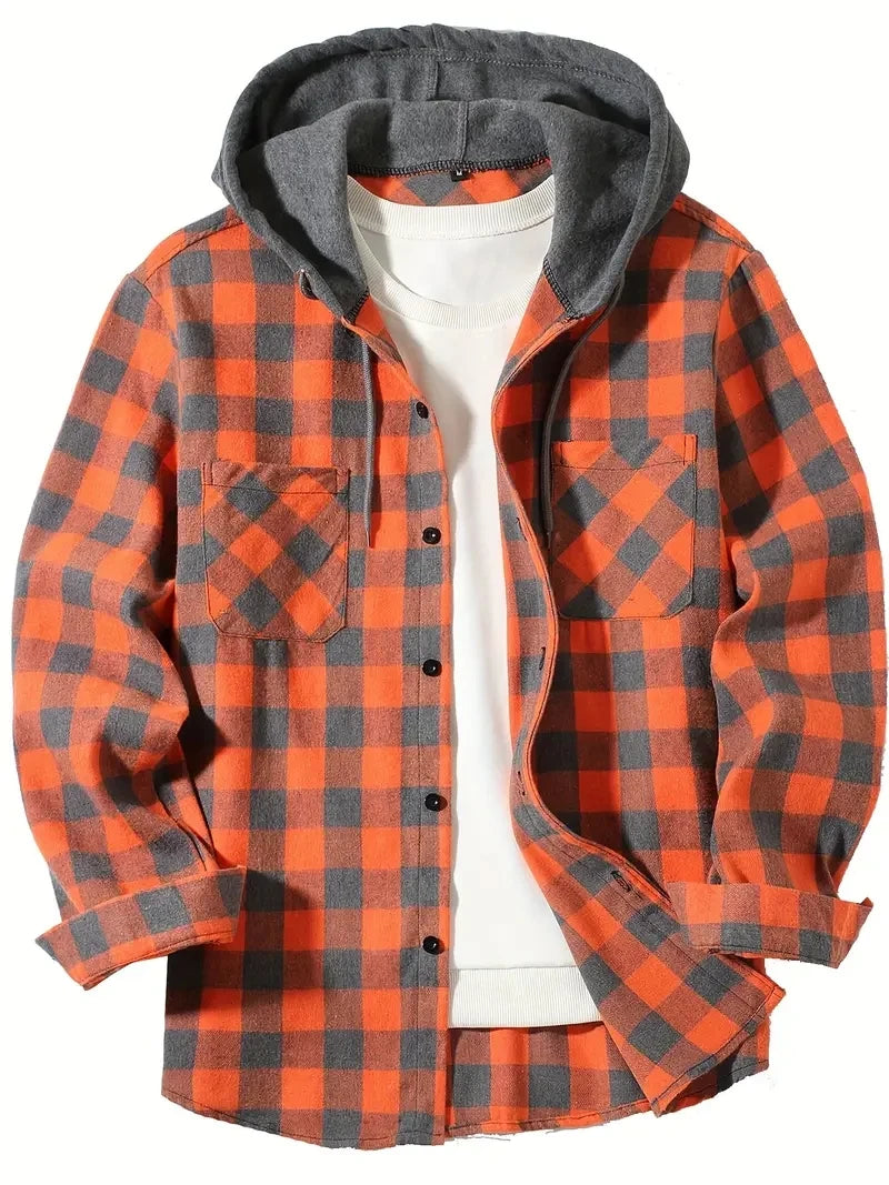 Youth Men’s Hooded Plaid Shirt - Slim Fit Long Sleeve Casual Travel & Streetwear Jacket