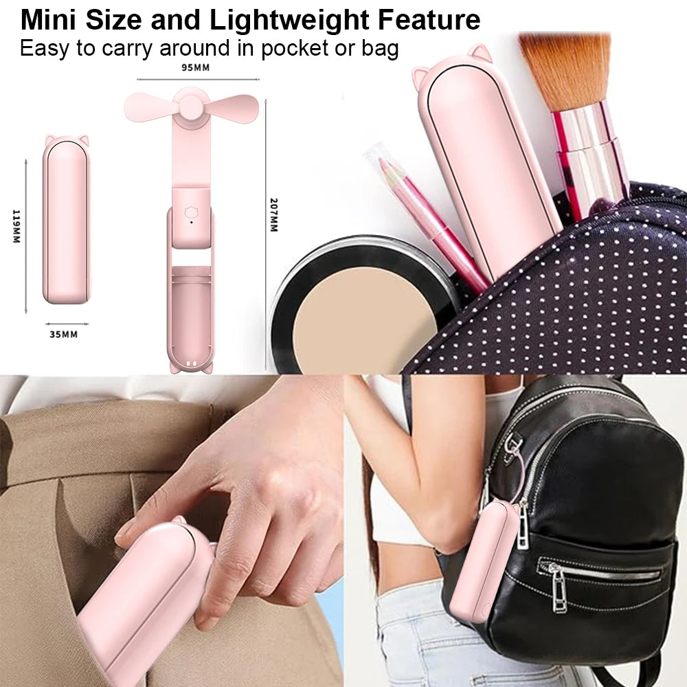 Portable Mini Handheld Fan | 2000mAh USB Rechargeable Foldable Fan with 3 Speeds & Power Bank for Travel