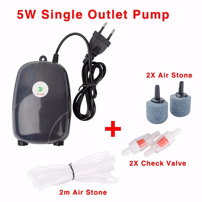 Mini Aquarium Air Pump - Single/Double Outlet Compressor with Check Valve Tube for Fish Tanks - 220V 3W/5W