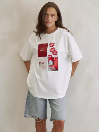 Women’s Y2K Graphic Print T-Shirt – Pure Cotton Short Sleeve Retro High Street Summer Top