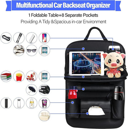 Car Seat Back Organizer with Foldable Table Tray – PU Leather Storage with Pockets, Kick Mats & Interior Accessories
