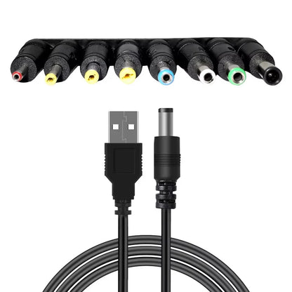 USB to DC Power Cable - 5V Charging Cord with 8 Connector Tips for CCTV & TV Box Devices