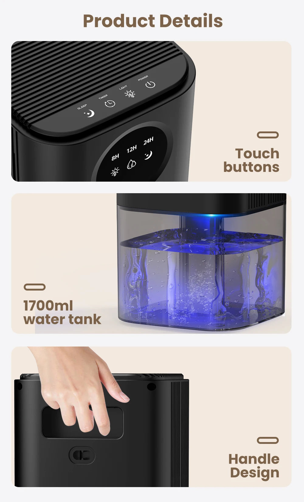 Portable Dehumidifier – 35oz Capacity, Silent Operation, Colorful Lights & Timer Switch for Home & Bedroom